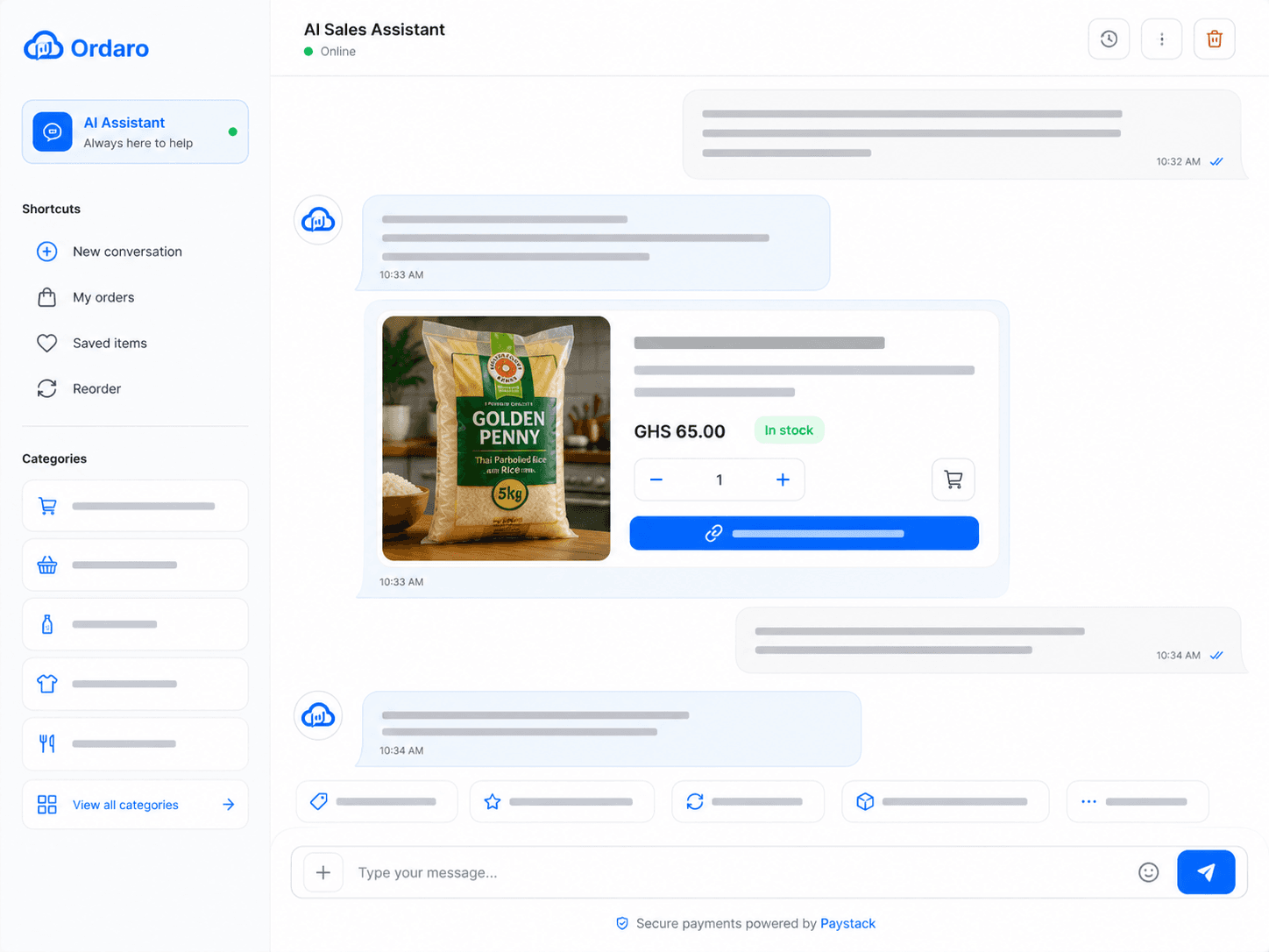 AI sales assistant answering a customer and building a cart