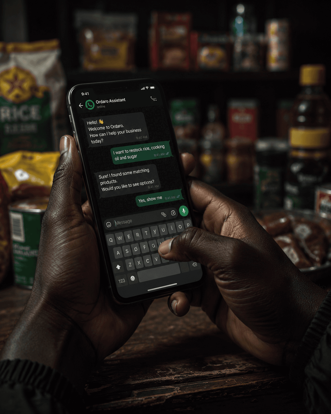 Ordaro's WhatsApp AI assistant helping a customer shop and pay